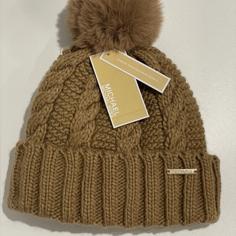 Michael Kors Tan Cable Knit Beanie with Pom-Pom